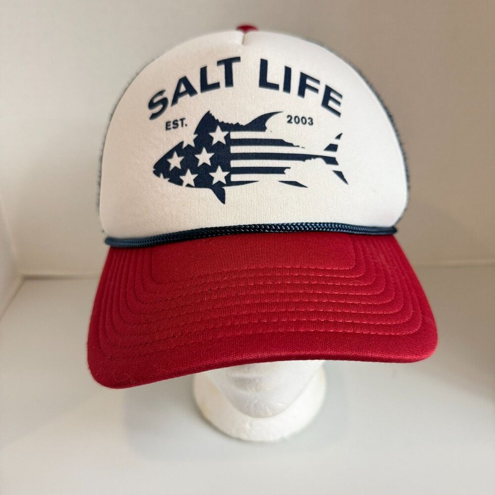 Salt Life Trucker Hat Cap Red White Blue Fish Flag Snapback One Size Fits Most